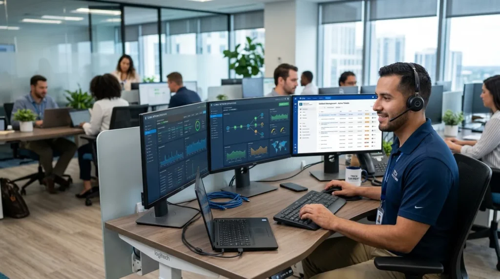 Especialista en soporte técnico monitoreando sistemas y atendiendo incidencias tecnológicas en una empresa para mantener la continuidad operativa.